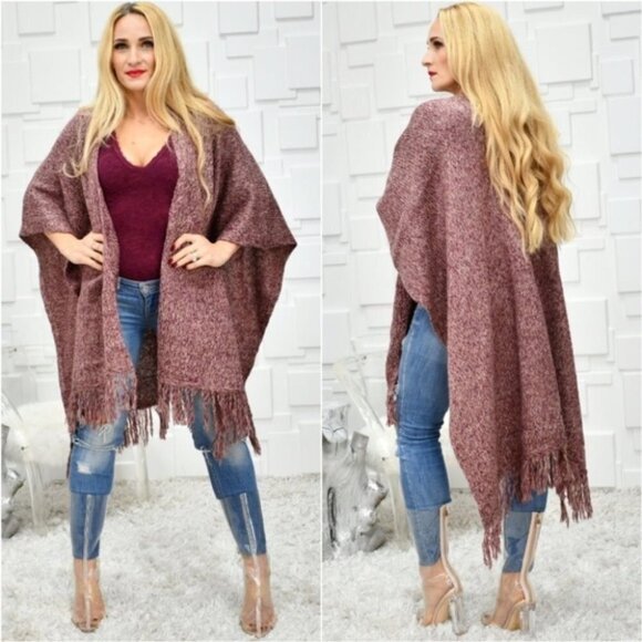 MODA ME COUTURE Sweaters - Burgundy Knit Wrap/Shrug/Poncho